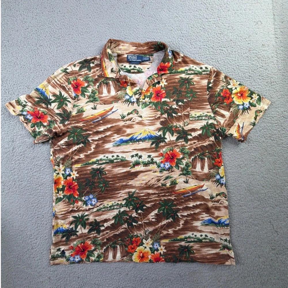 VTG Polo Ralph Lauren Loop Collar Hawaiian Shirt Mens XL Classic Fit Linen Blend - Picture 1 of 11
